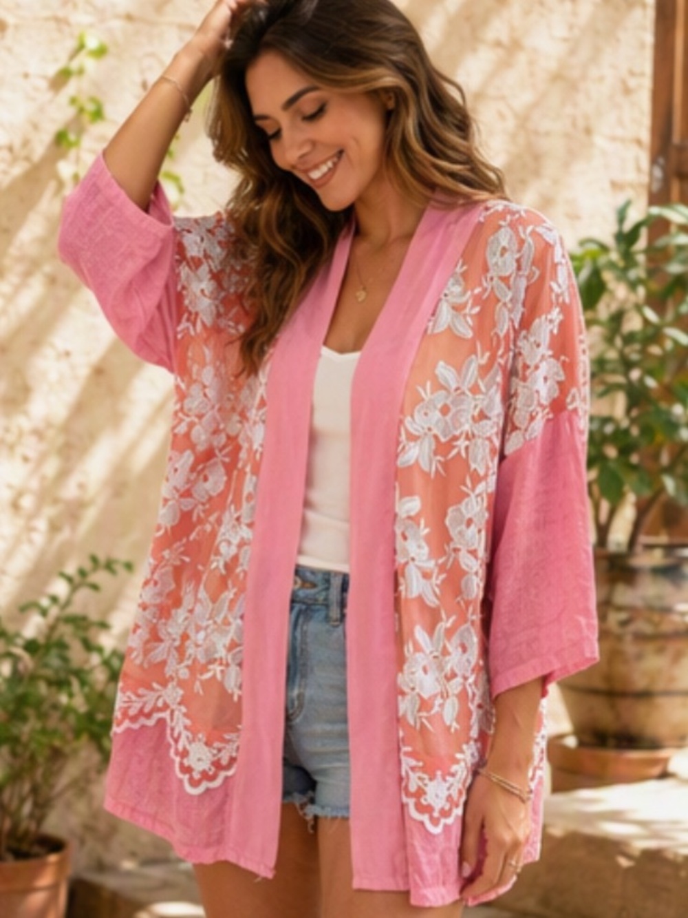 🌷 Bella 🌷100% Linen Lace Shawl Floral Embroidery Cardigan Made in Italy 🇮🇹